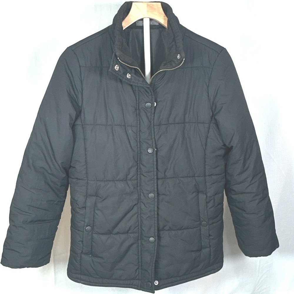 Liz Claiborne Women Black Quilted Puffer Jacket Petite Medium Full Zip Snap Coat